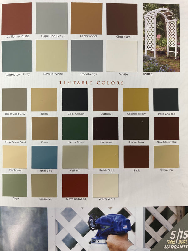 (from top left to bottom right) California Rustic, Cape Cod Gray, Cedarwood, Chocolate, Georgetown Gray, Navajo white, Stonehedge, White, Beechwood Gray, BEige, Black Canyon, Butternut, Colonial Yellow, Deep Charcoal, Deep Desert Sand, Fawn, Hunter Green, Mahogany, Manor Brown, New Pilgrim Red, Parchment, Pilgrim Blue, Platinum, Prairie Gold, Sable, Salem Tan, Sage, Sandpiper, Sierra Redwood, Winter White
