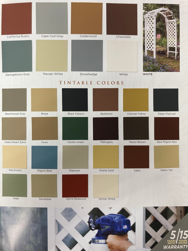 (from top left to bottom right) California Rustic, Cape Cod Gray, Cedarwood, Chocolate, Georgetown Gray, Navajo white, Stonehedge, White, Beechwood Gray, BEige, Black Canyon, Butternut, Colonial Yellow, Deep Charcoal, Deep Desert Sand, Fawn, Hunter Green, Mahogany, Manor Brown, New Pilgrim Red, Parchment, Pilgrim Blue, Platinum, Prairie Gold, Sable, Salem Tan, Sage, Sandpiper, Sierra Redwood, Winter White